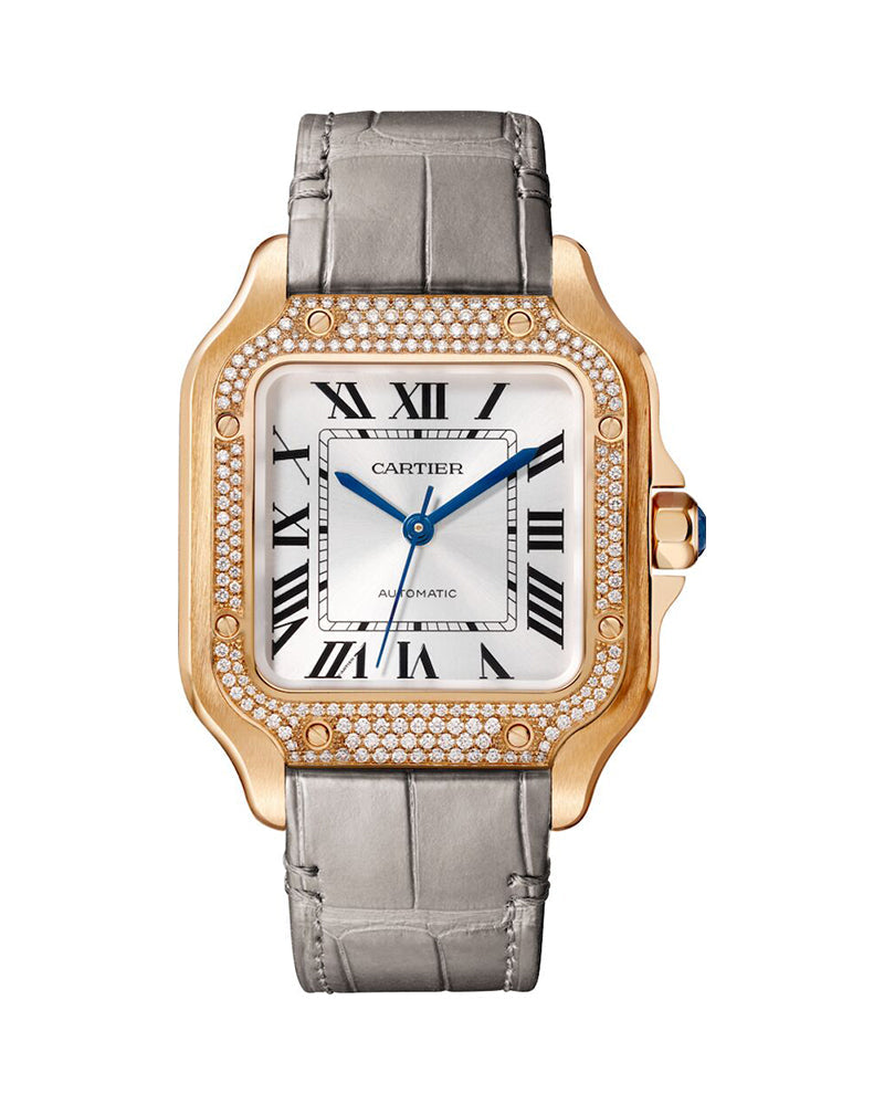 CARTIER SANTOS DE CARTIER, MEDIUM, AUTOMATIC, ROSE GOLD, DIAMONDS, TWO INTERCHANGEABLE LEATHER BRACELETS