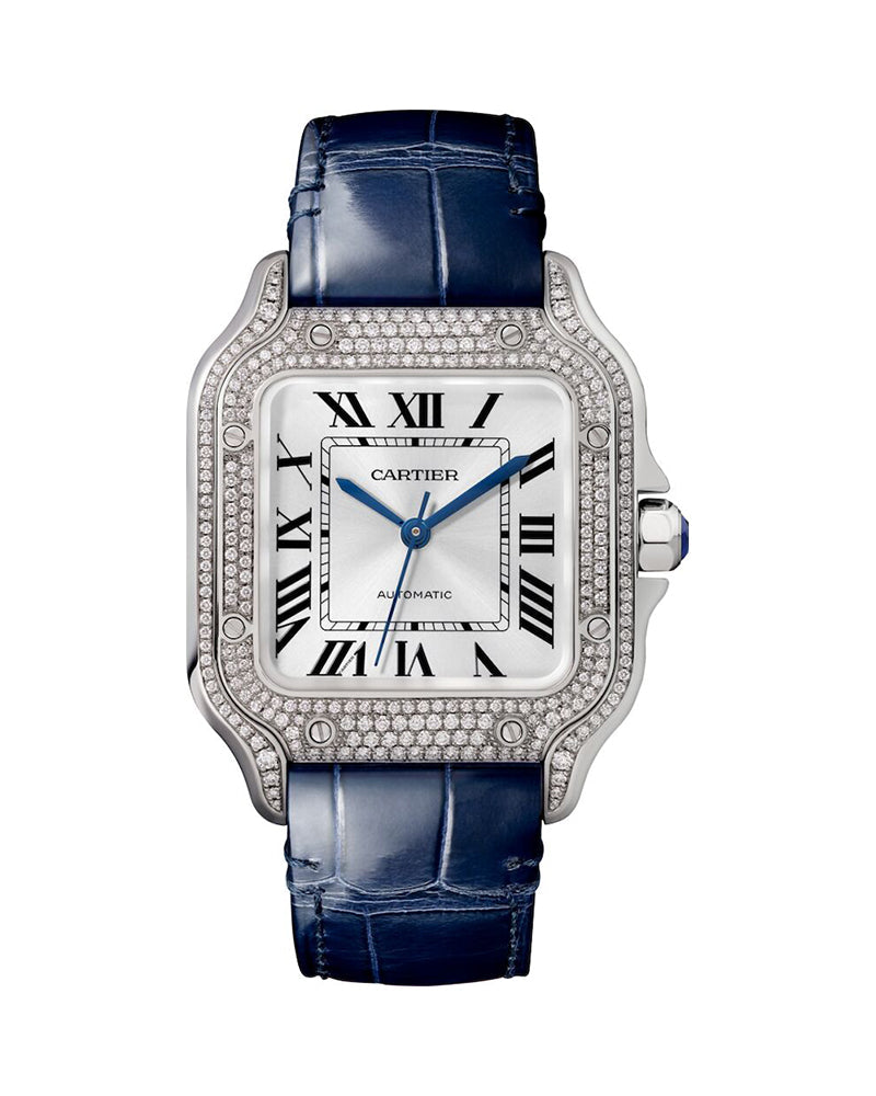 CARTIER SANTOS DE CARTIER, MEDIUM, AUTOMATIC, WHITE GOLD, DIAMONDS, TWO INTERCHANGEABLE LEATHER BRACELETS