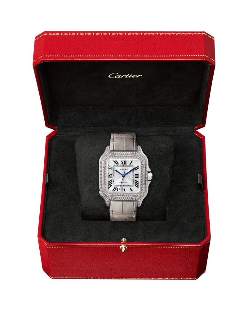 CARTIER SANTOS DE CARTIER, MEDIUM, AUTOMATIC, WHITE GOLD, DIAMONDS, TWO INTERCHANGEABLE LEATHER BRACELETS