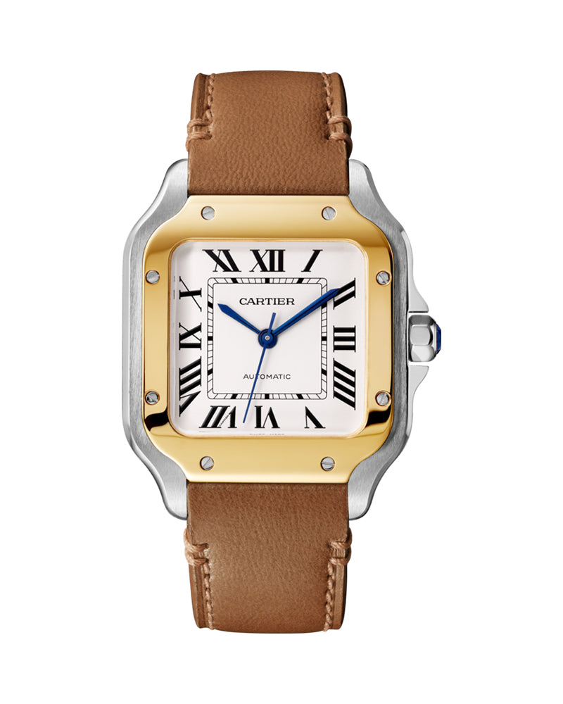 CARTIER SANTOS DE CARTIER, MEDIUM, AUTOMATIC, YELLOW GOLD AND STEEL, INTERCHANGEABLE METAL AND LEATHER BRACELETS