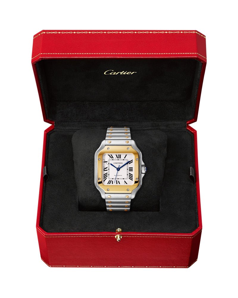 CARTIER SANTOS DE CARTIER, MEDIUM, AUTOMATIC, YELLOW GOLD AND STEEL, INTERCHANGEABLE METAL AND LEATHER BRACELETS