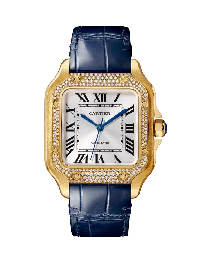 CARTIER SANTOS DE CARTIER, MEDIUM, AUTOMATIC, YELLOW GOLD, DIAMONDS, TWO INTERCHANGEABLE LEATHER BRACELETS