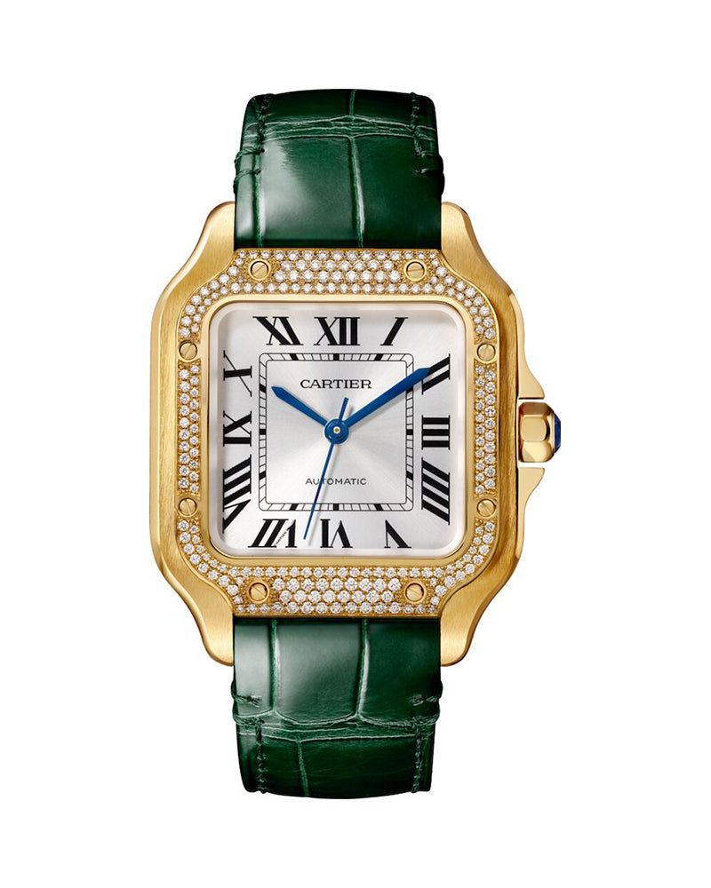 CARTIER SANTOS DE CARTIER, MEDIUM, AUTOMATIC, YELLOW GOLD, DIAMONDS, TWO INTERCHANGEABLE LEATHER BRACELETS