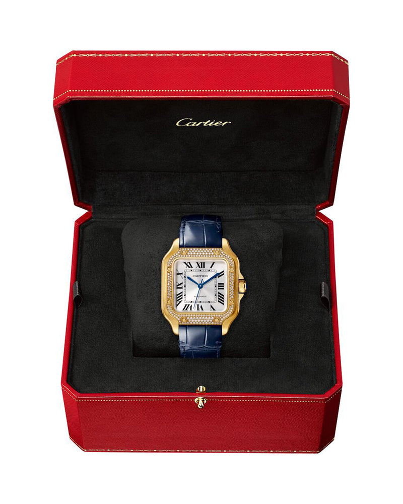 CARTIER SANTOS DE CARTIER, MEDIUM, AUTOMATIC, YELLOW GOLD, DIAMONDS, TWO INTERCHANGEABLE LEATHER BRACELETS