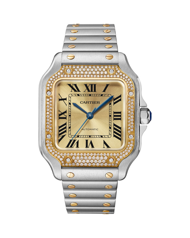 CARTIER SANTOS DE CARTIER, MEDIUM, AUTOMATIC, YELLOW GOLD, STEEL, DIAMONDS, INTERCHANGEABLE METAL AND LEATHER BRACELETS