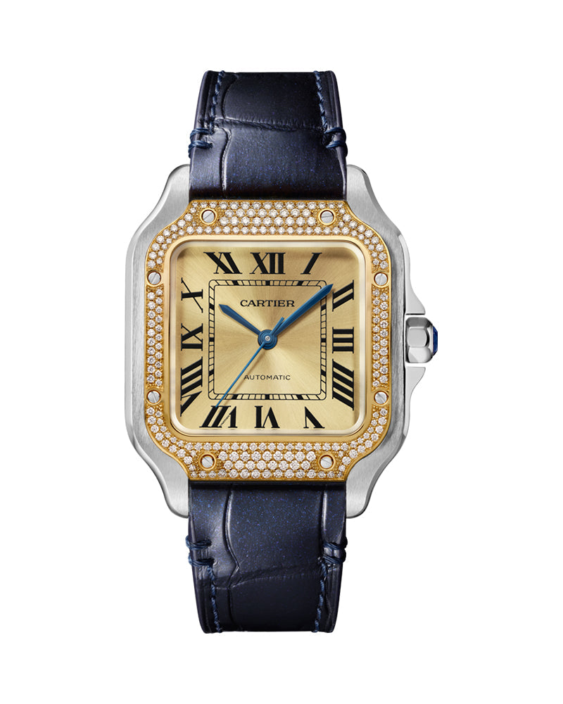 CARTIER SANTOS DE CARTIER, MEDIUM, AUTOMATIC, YELLOW GOLD, STEEL, DIAMONDS, INTERCHANGEABLE METAL AND LEATHER BRACELETS