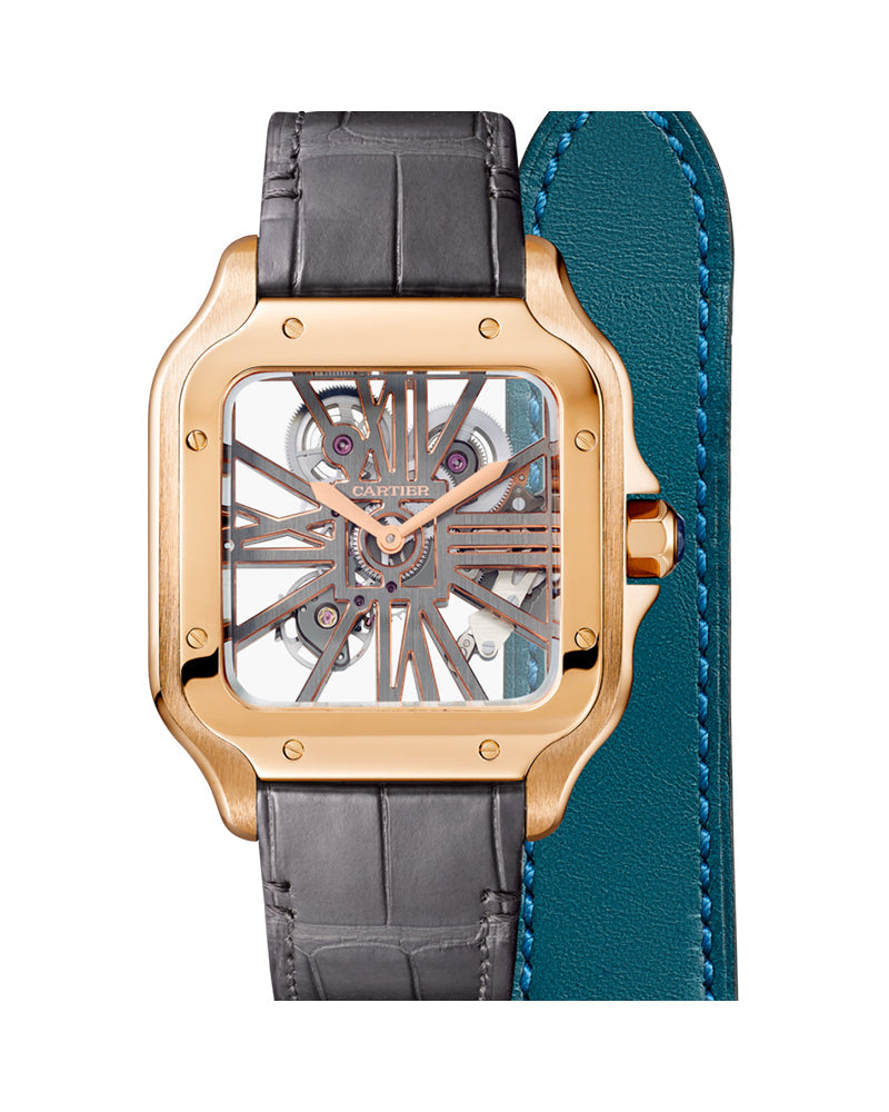 CARTIER SANTOS DE CARTIER, SKELETON, LARGE, MANUAL, ROSE GOLD, INTERCHANGEABLE METAL AND LEATHER BRACELETS