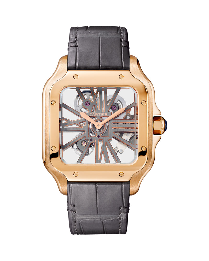 CARTIER SANTOS DE CARTIER, SKELETON, LARGE, MANUAL, ROSE GOLD, INTERCHANGEABLE METAL AND LEATHER BRACELETS