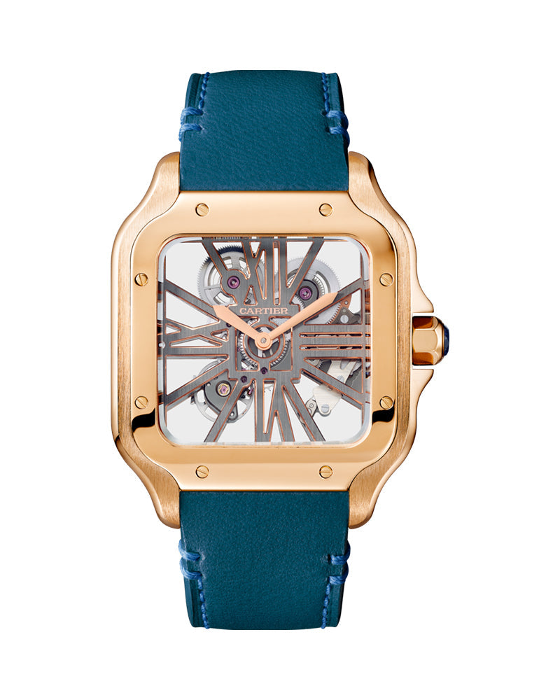 CARTIER SANTOS DE CARTIER, SKELETON, LARGE, MANUAL, ROSE GOLD, INTERCHANGEABLE METAL AND LEATHER BRACELETS