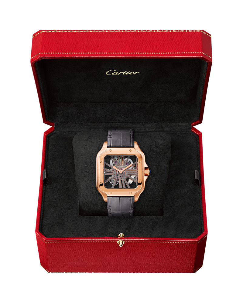 CARTIER SANTOS DE CARTIER, SKELETON, LARGE, MANUAL, ROSE GOLD, INTERCHANGEABLE METAL AND LEATHER BRACELETS