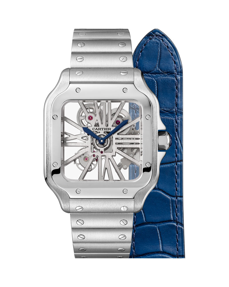 CARTIER SANTOS DE CARTIER, SKELETON, LARGE, MANUAL, STEEL, INTERCHANGEABLE STEEL AND LEATHER BRACELETS