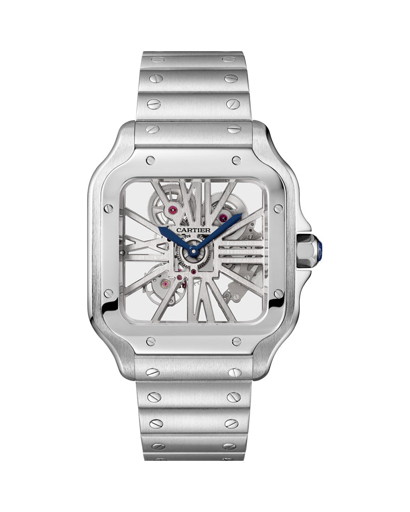 CARTIER SANTOS DE CARTIER, SKELETON, LARGE, MANUAL, STEEL, INTERCHANGEABLE STEEL AND LEATHER BRACELETS