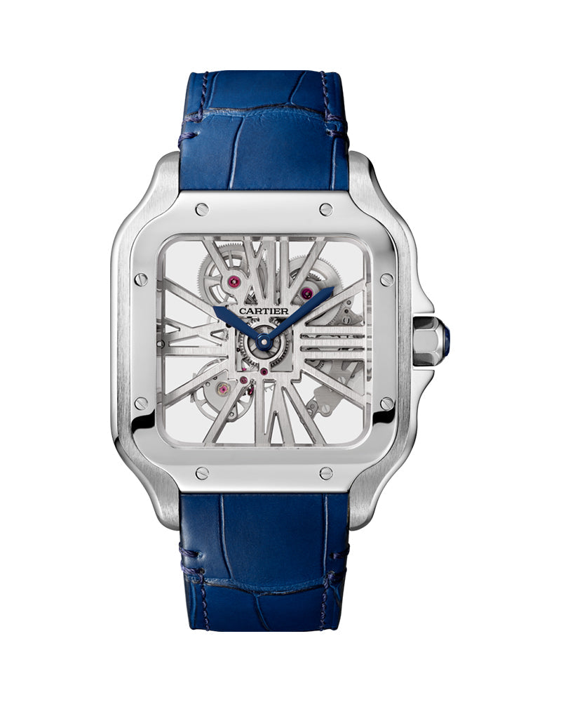 CARTIER SANTOS DE CARTIER, SKELETON, LARGE, MANUAL, STEEL, INTERCHANGEABLE STEEL AND LEATHER BRACELETS