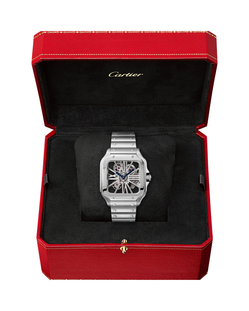 CARTIER SANTOS DE CARTIER, SKELETON, LARGE, MANUAL, STEEL, INTERCHANGEABLE STEEL AND LEATHER BRACELETS