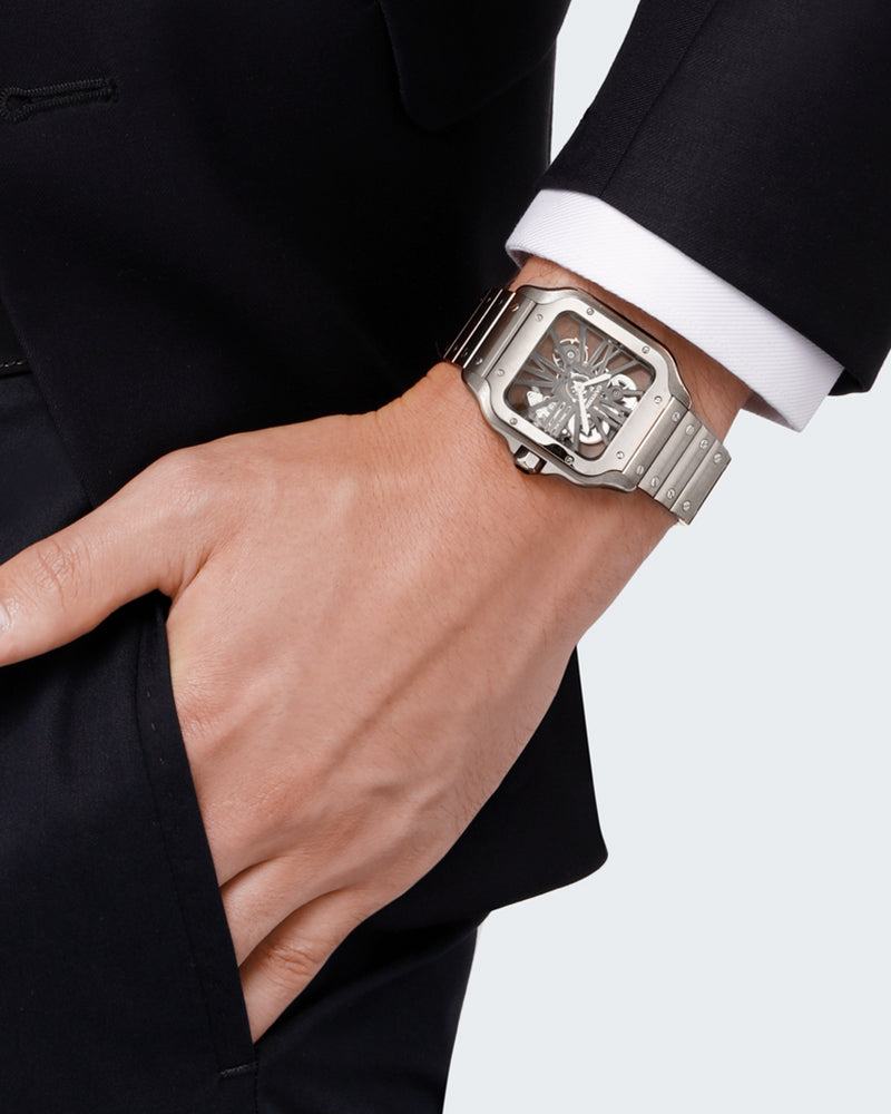CARTIER SANTOS DE CARTIER, SKELETON, LARGE, MANUAL, STEEL, INTERCHANGEABLE STEEL AND LEATHER BRACELETS