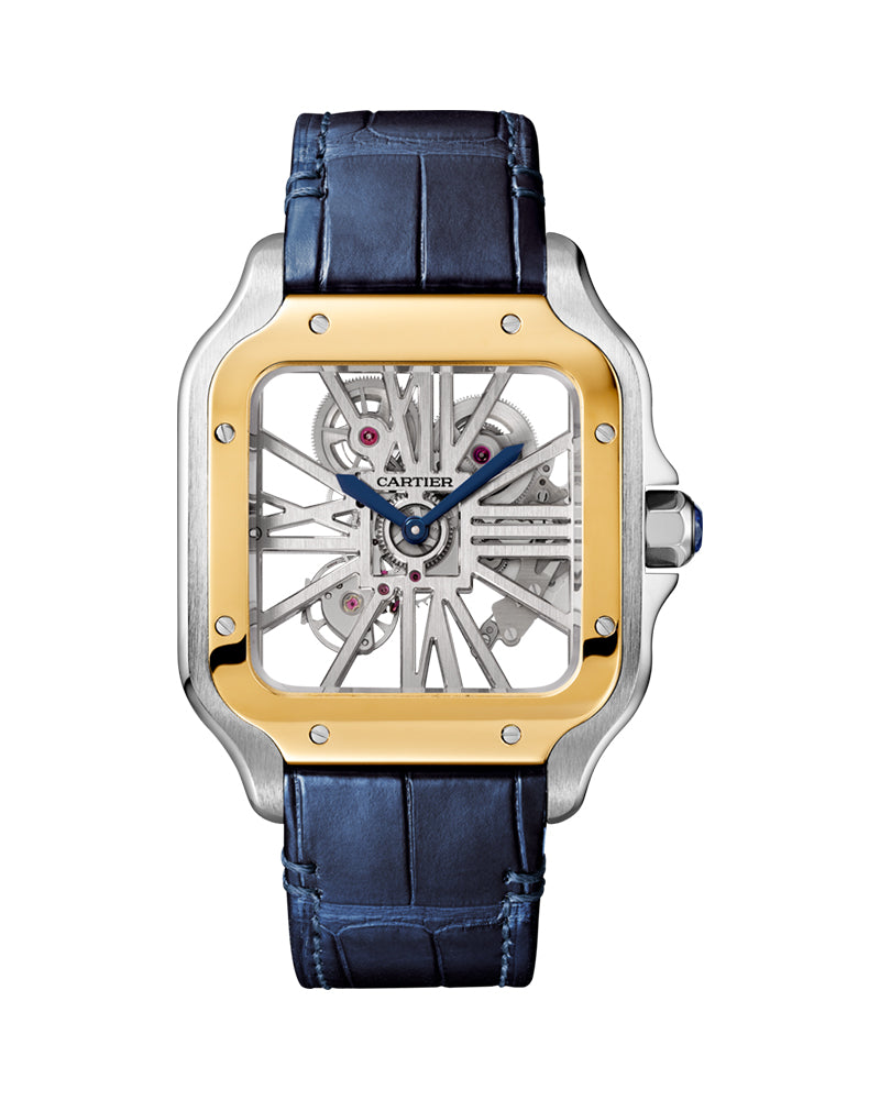 CARTIER SANTOS DE CARTIER, SKELETON, LARGE, MANUAL, YELLOW GOLD AND STEEL, LEATHER, INTERCHANGEABLE METAL AND LEATHER BRACELETS