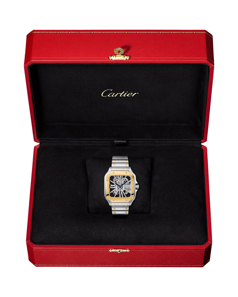 CARTIER SANTOS DE CARTIER, SKELETON, LARGE, MANUAL, YELLOW GOLD AND STEEL, LEATHER, INTERCHANGEABLE METAL AND LEATHER BRACELETS