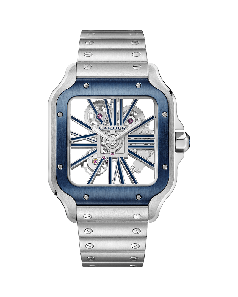 CARTIER SANTOS DE CARTIER, SKELETON, LARGE, MANUAL, STEEL, INTERCHANGEABLE METAL AND RUBBER BRACELETS