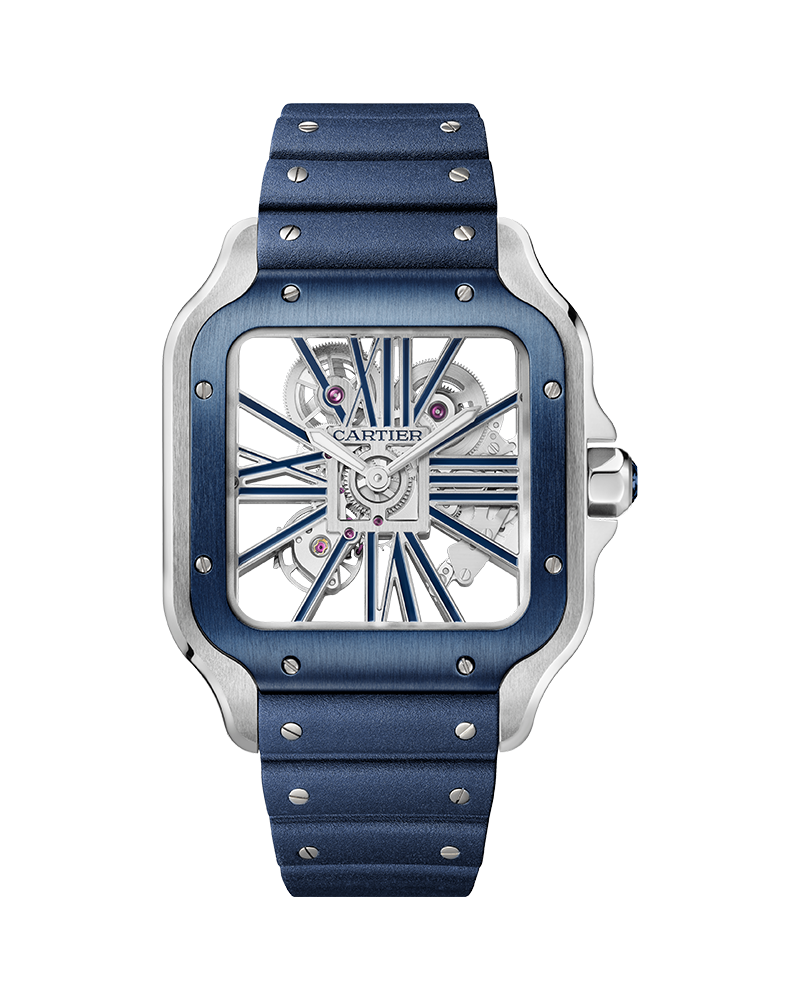 CARTIER SANTOS DE CARTIER, SKELETON, LARGE, MANUAL, STEEL, INTERCHANGEABLE METAL AND RUBBER BRACELETS