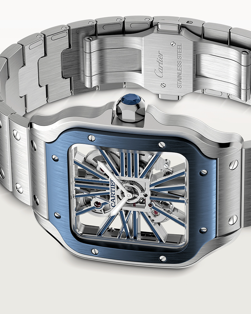CARTIER SANTOS DE CARTIER, SKELETON, LARGE, MANUAL, STEEL, INTERCHANGEABLE METAL AND RUBBER BRACELETS