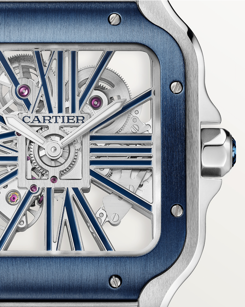 CARTIER SANTOS DE CARTIER, SKELETON, LARGE, MANUAL, STEEL, INTERCHANGEABLE METAL AND RUBBER BRACELETS