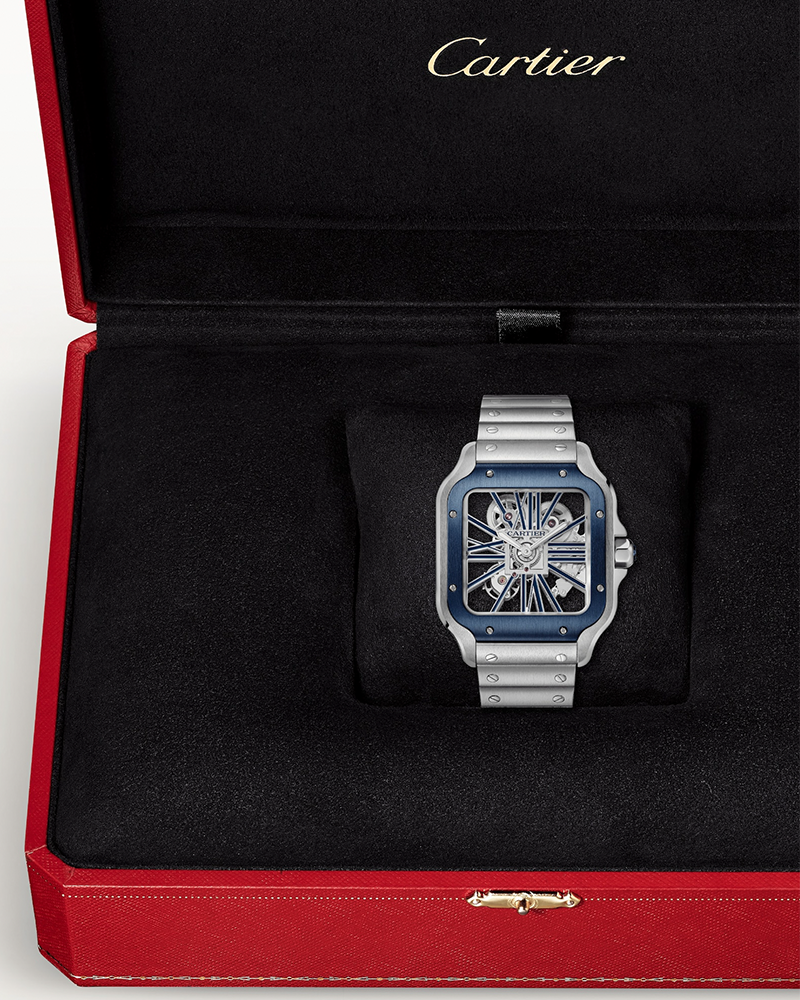 CARTIER SANTOS DE CARTIER, SKELETON, LARGE, MANUAL, STEEL, INTERCHANGEABLE METAL AND RUBBER BRACELETS