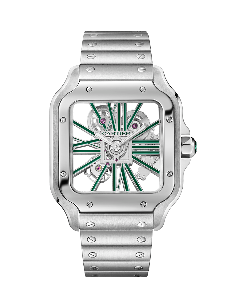 CARTIER SANTOS DE CARTIER, SKELETON, LARGE, MANUAL, STEEL, INTERCHANGEABLE METAL AND LEATHER BRACELETS