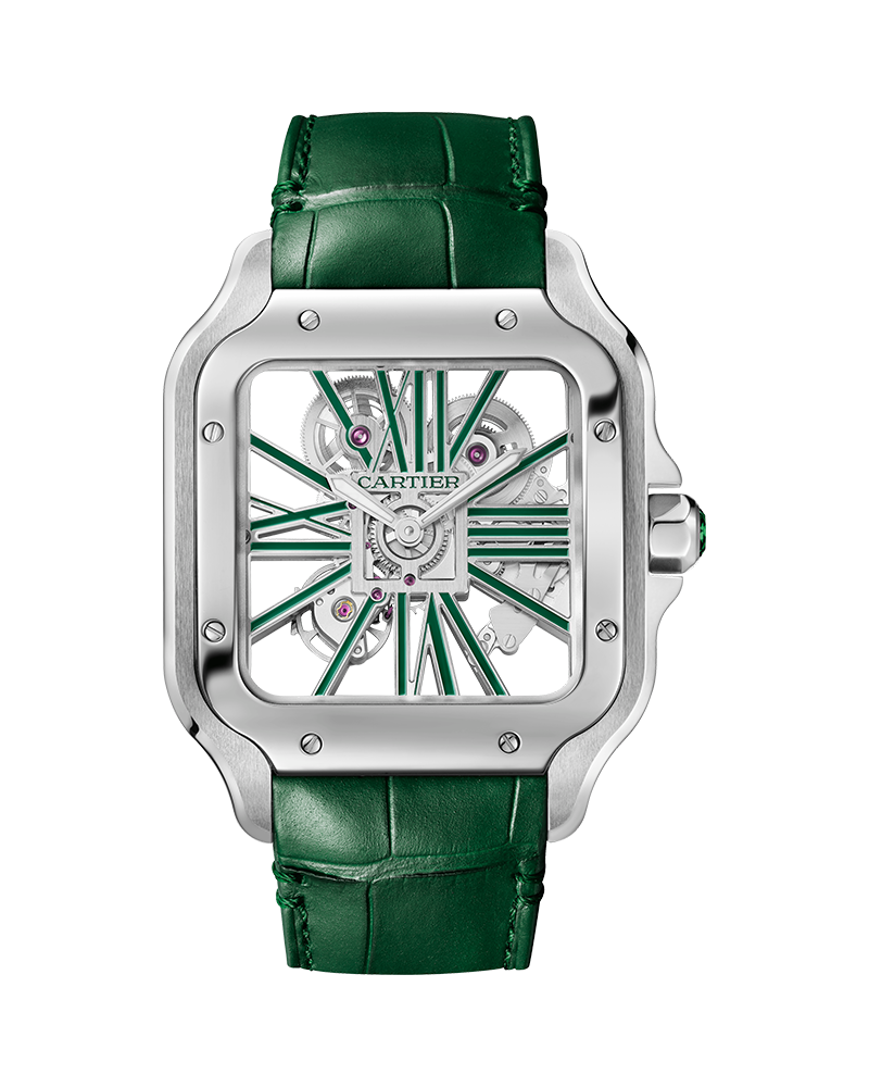 CARTIER SANTOS DE CARTIER, SKELETON, LARGE, MANUAL, STEEL, INTERCHANGEABLE METAL AND LEATHER BRACELETS