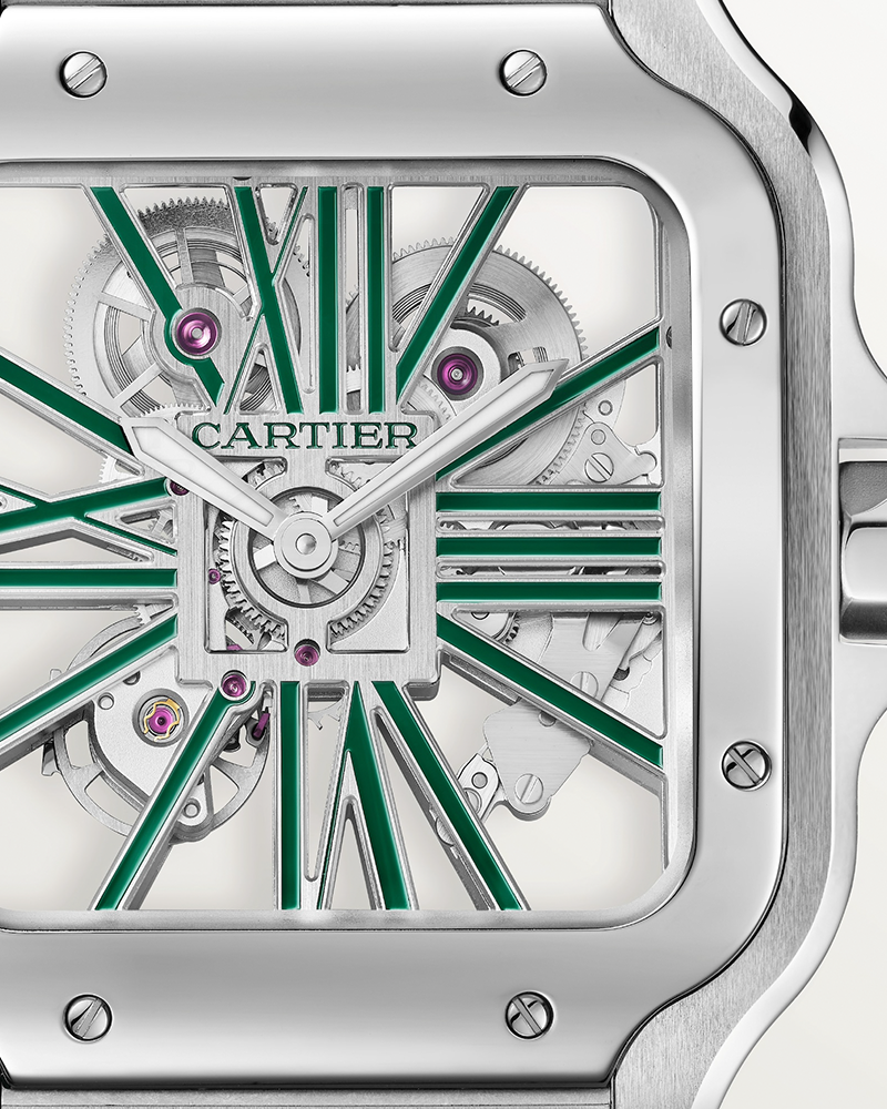 CARTIER SANTOS DE CARTIER, SKELETON, LARGE, MANUAL, STEEL, INTERCHANGEABLE METAL AND LEATHER BRACELETS