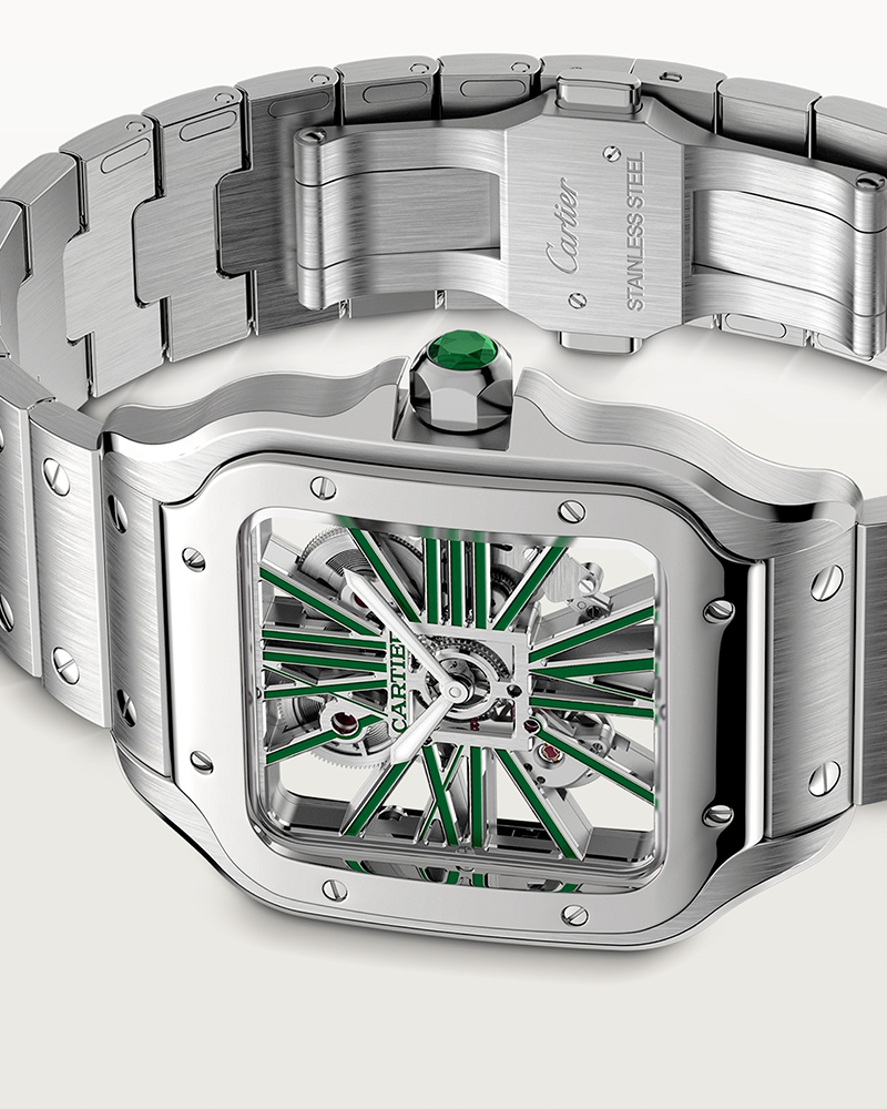 CARTIER SANTOS DE CARTIER, SKELETON, LARGE, MANUAL, STEEL, INTERCHANGEABLE METAL AND LEATHER BRACELETS