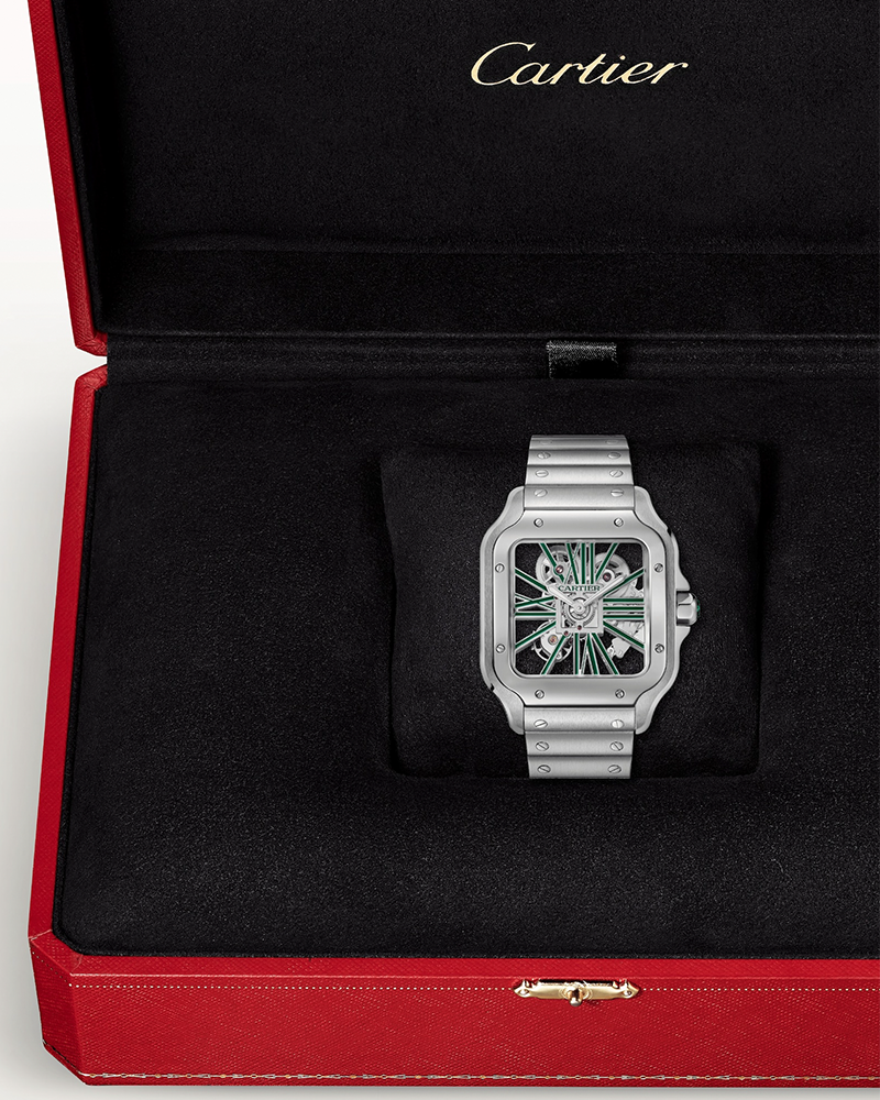 CARTIER SANTOS DE CARTIER, SKELETON, LARGE, MANUAL, STEEL, INTERCHANGEABLE METAL AND LEATHER BRACELETS