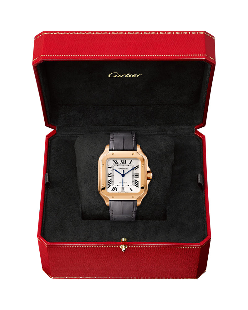 CARTIER SANTOS DE CARTIER, LARGE, AUTOMATIC, ROSE GOLD, TWO INTERCHANGEABLE LEATHER BRACELETS