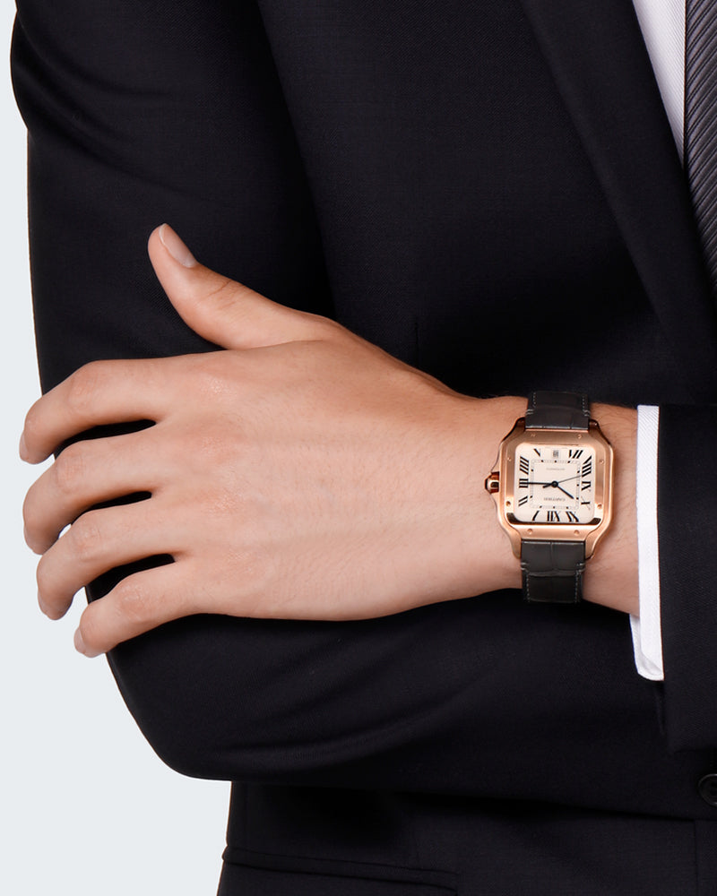 CARTIER SANTOS DE CARTIER, LARGE, AUTOMATIC, ROSE GOLD, TWO INTERCHANGEABLE LEATHER BRACELETS