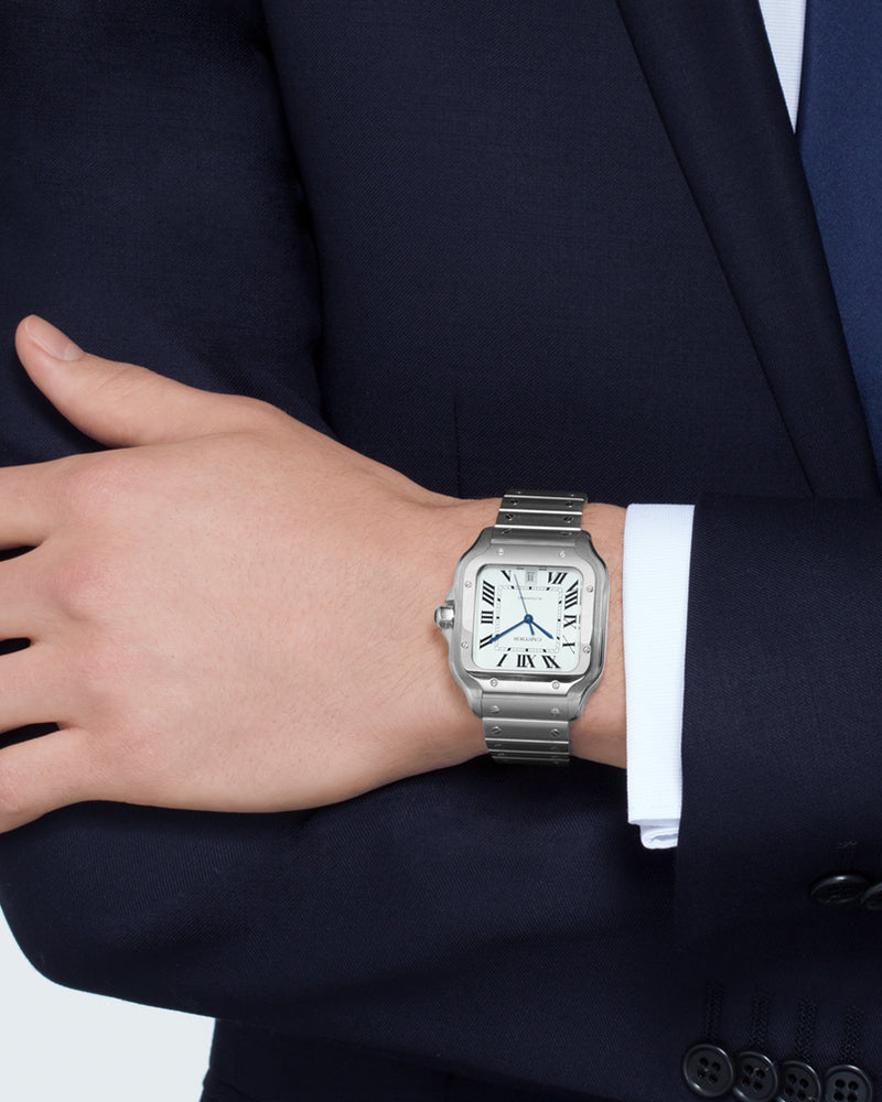 CARTIER SANTOS DE CARTIER, LARGE, AUTOMATIC, STEEL, INTERCHANGEABLE METAL AND LEATHER BRACELETS