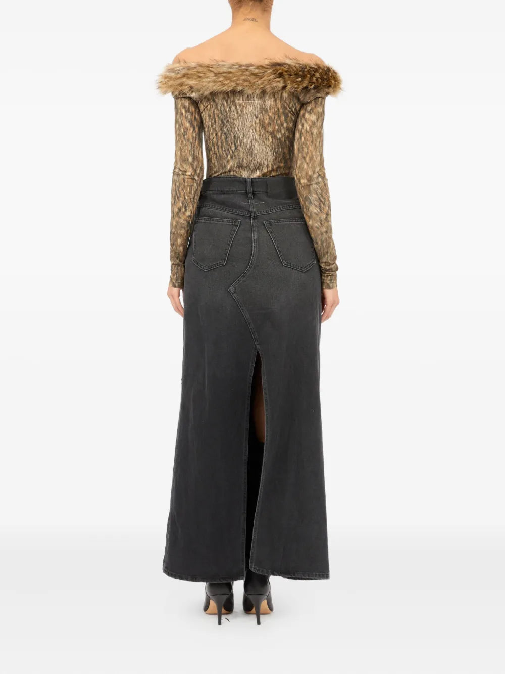 paint-splatter denim skirt