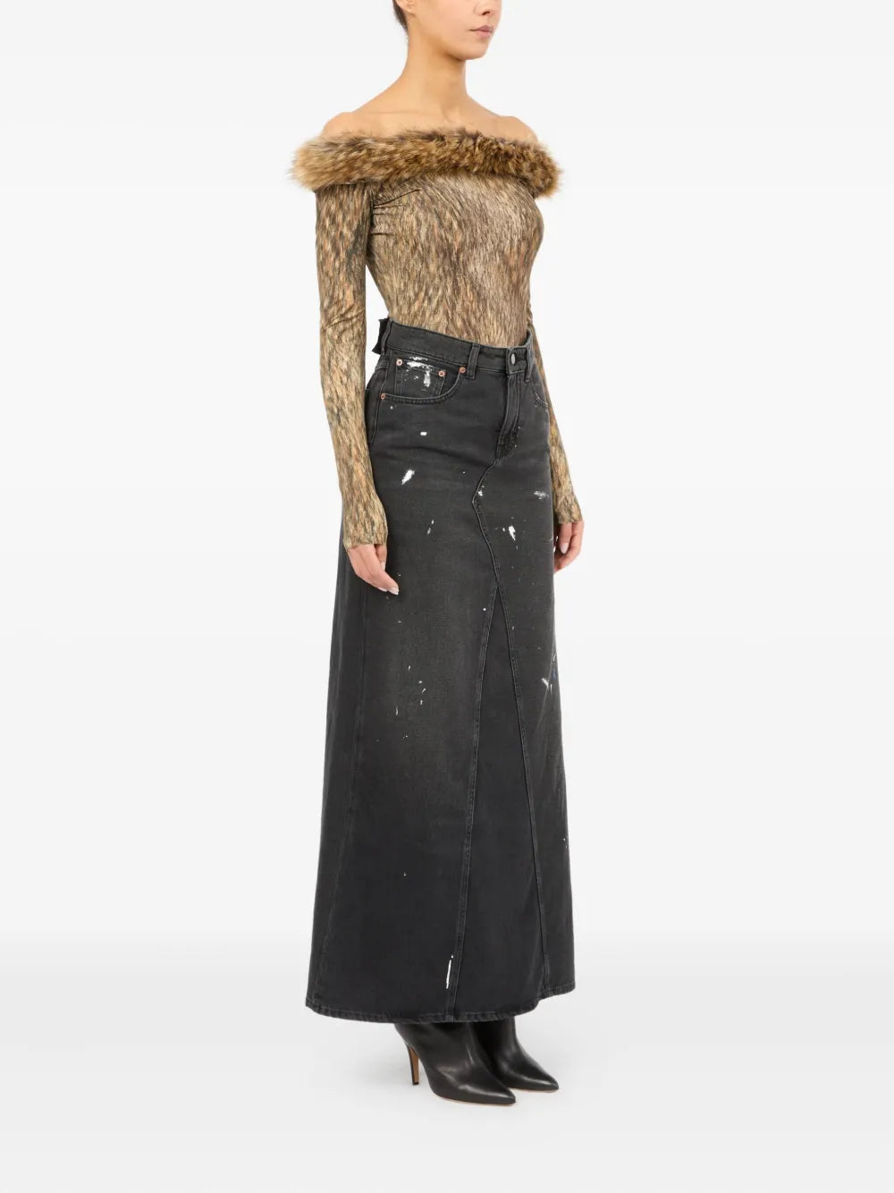 paint-splatter denim skirt