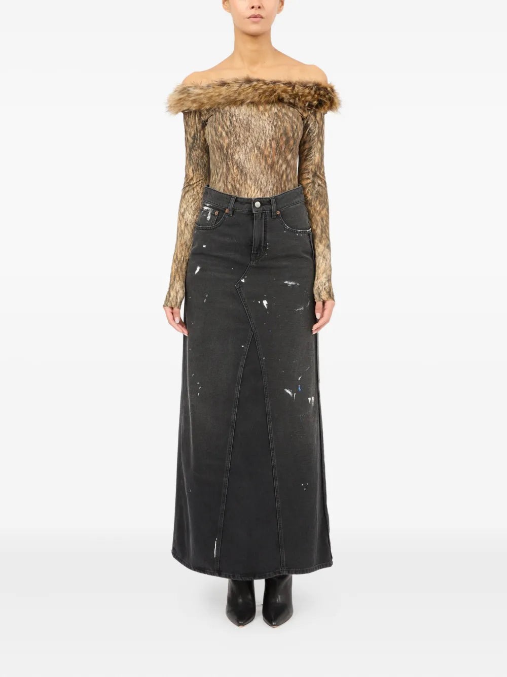 paint-splatter denim skirt