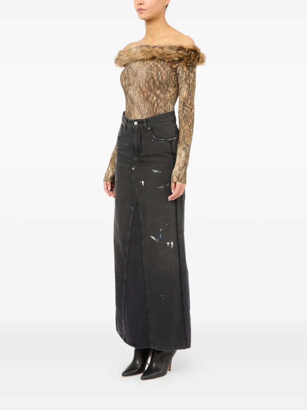 paint-splatter denim skirt