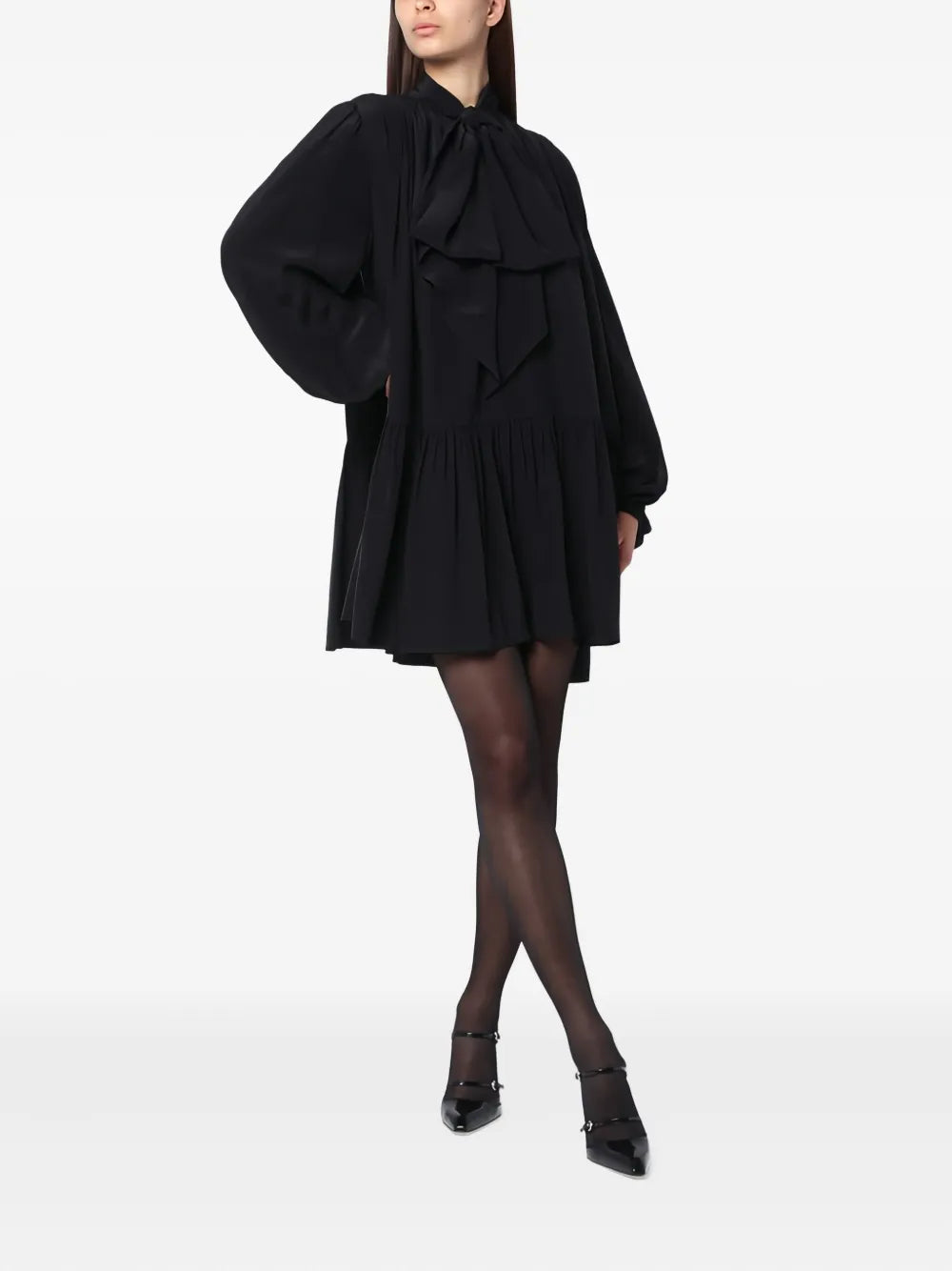 bow-neck tiered mini dress