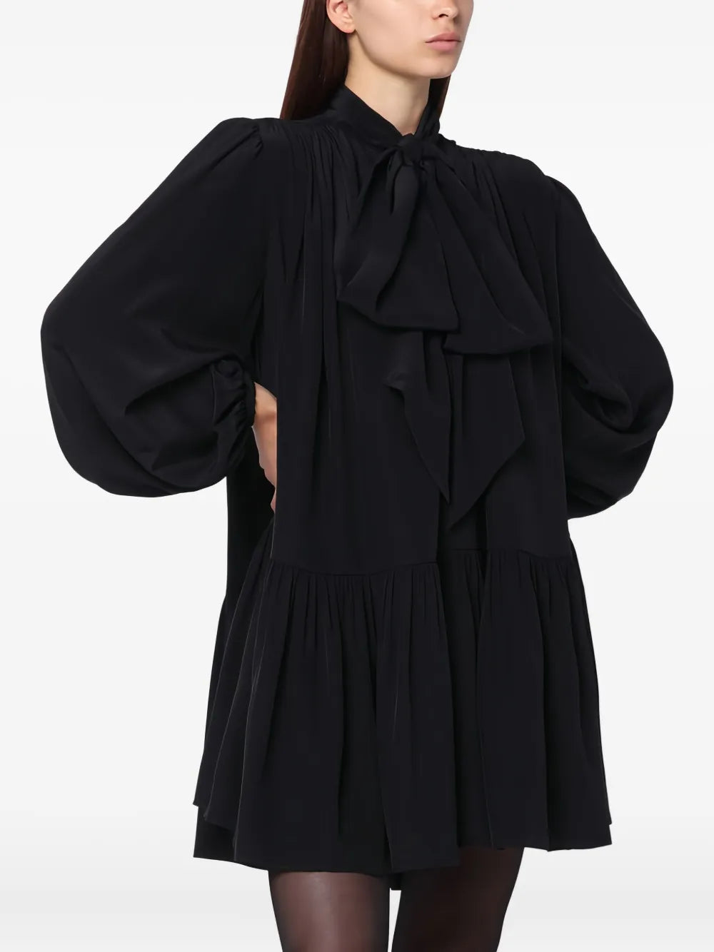 bow-neck tiered mini dress