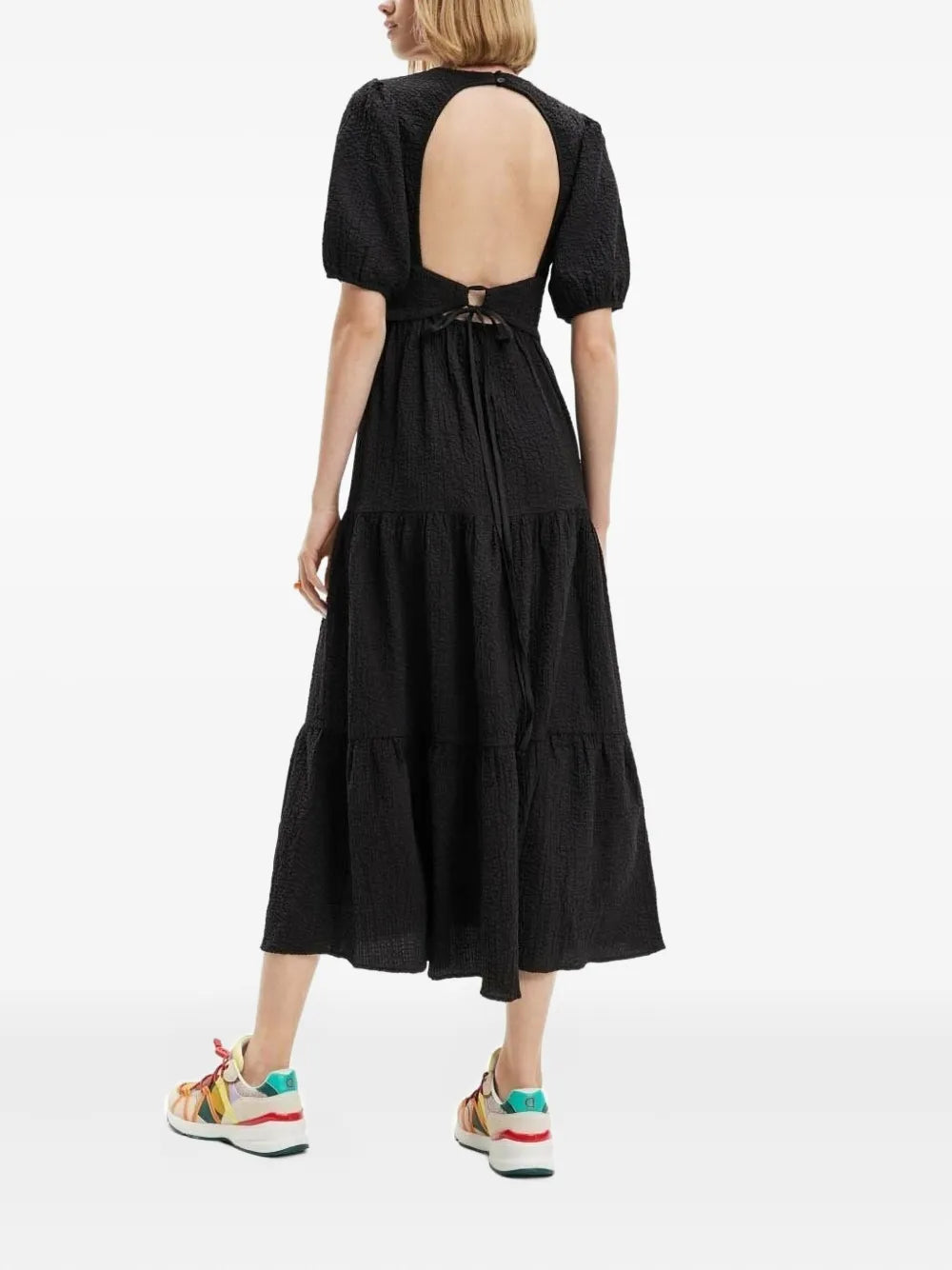 puff-sleeve open-back midi dress