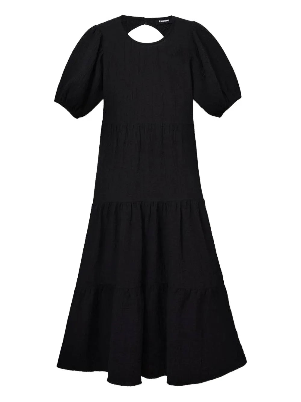puff-sleeve open-back midi dress