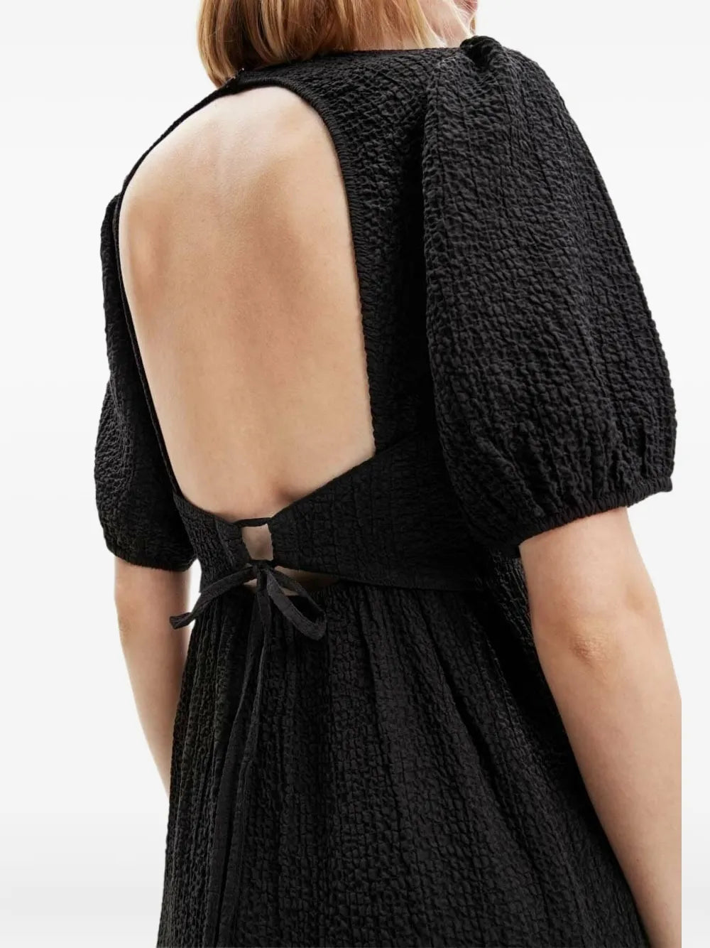 puff-sleeve open-back midi dress