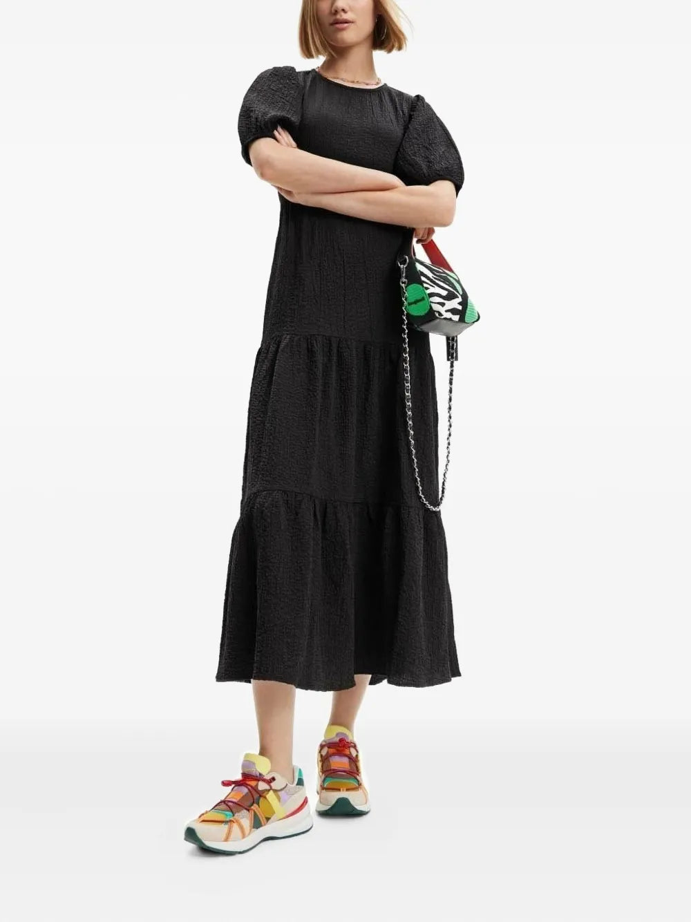 puff-sleeve open-back midi dress