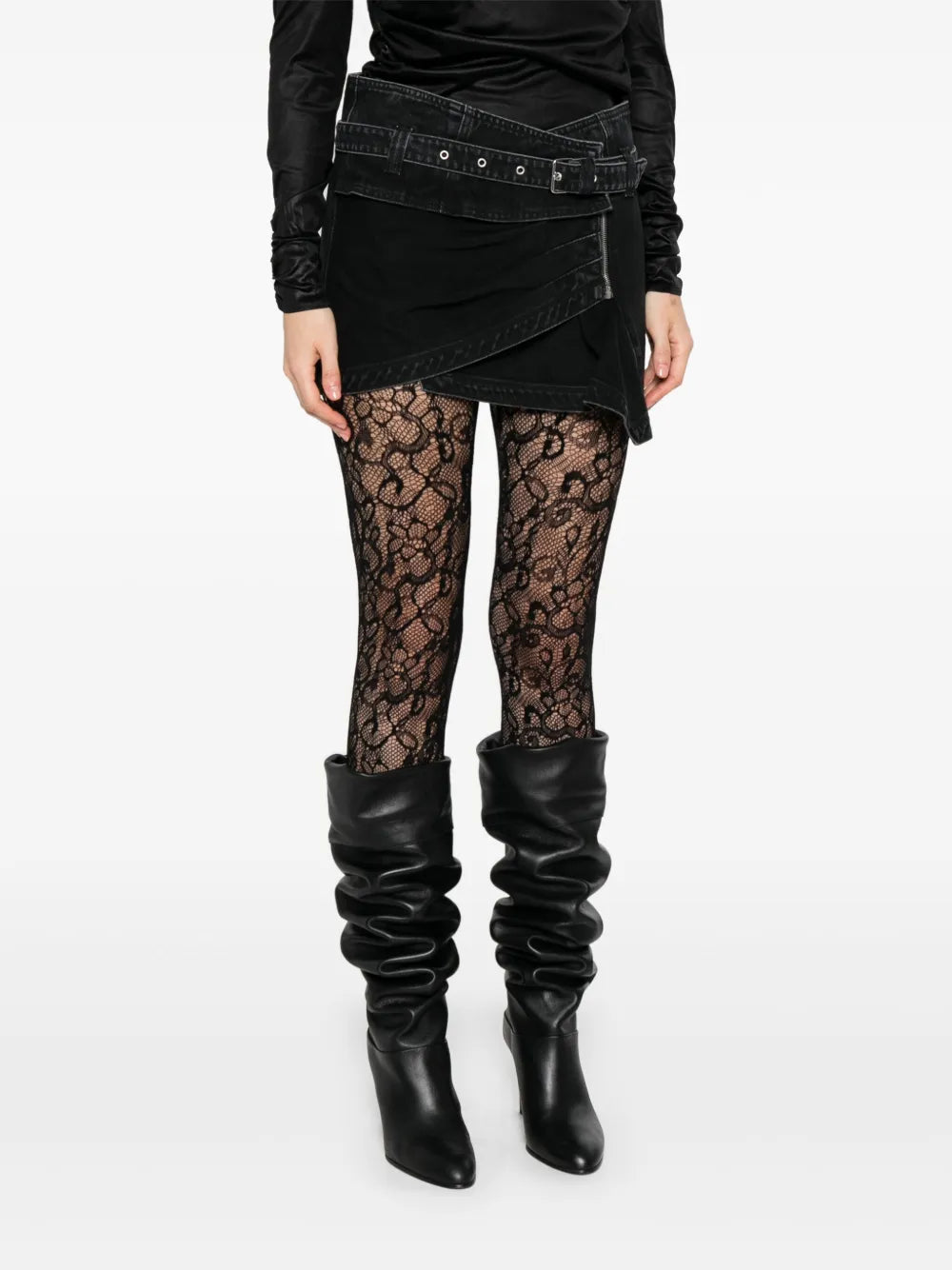 Siyen belted zip-front denim skirt