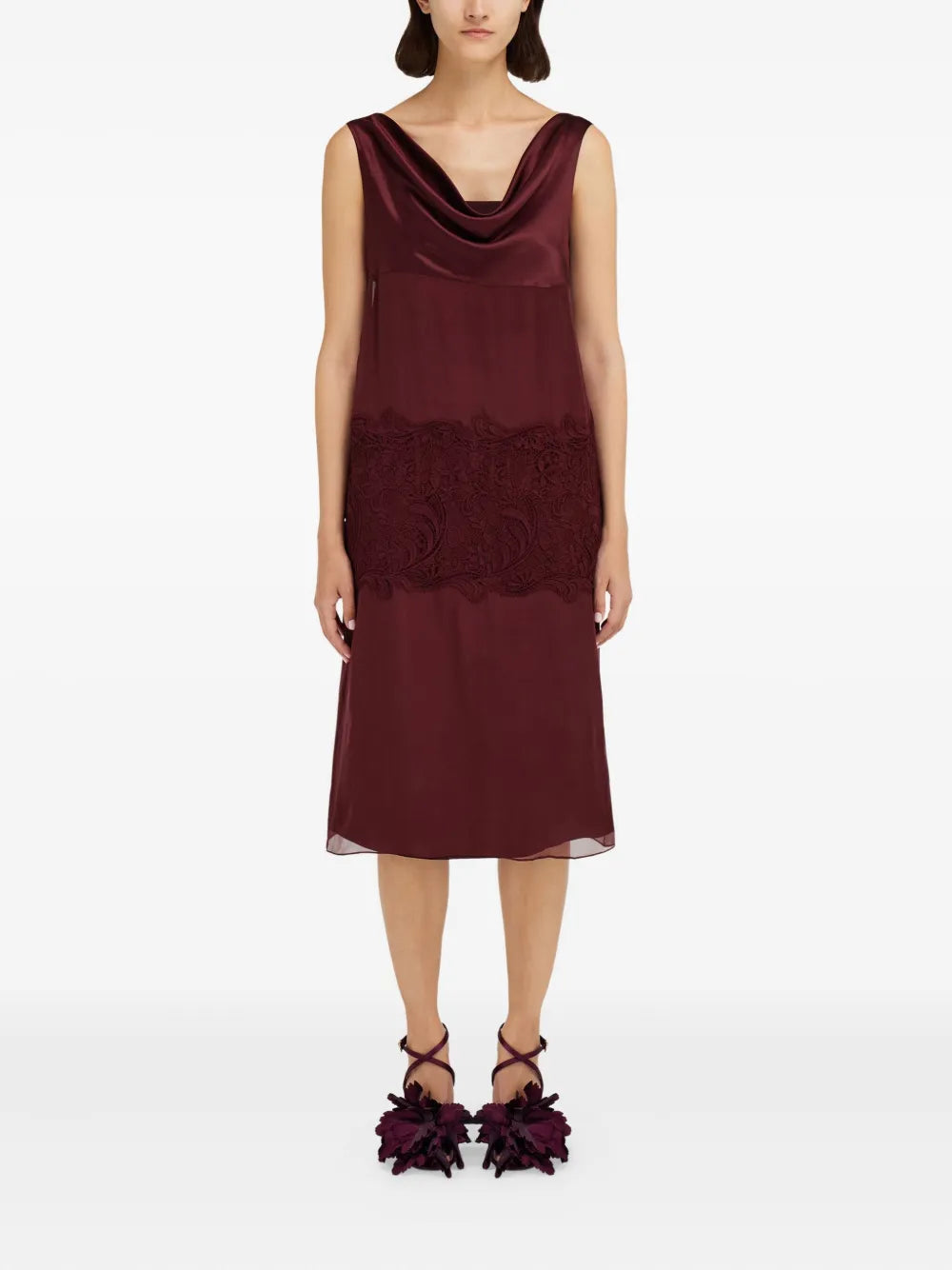 cowl-neck lace-insert midi dress