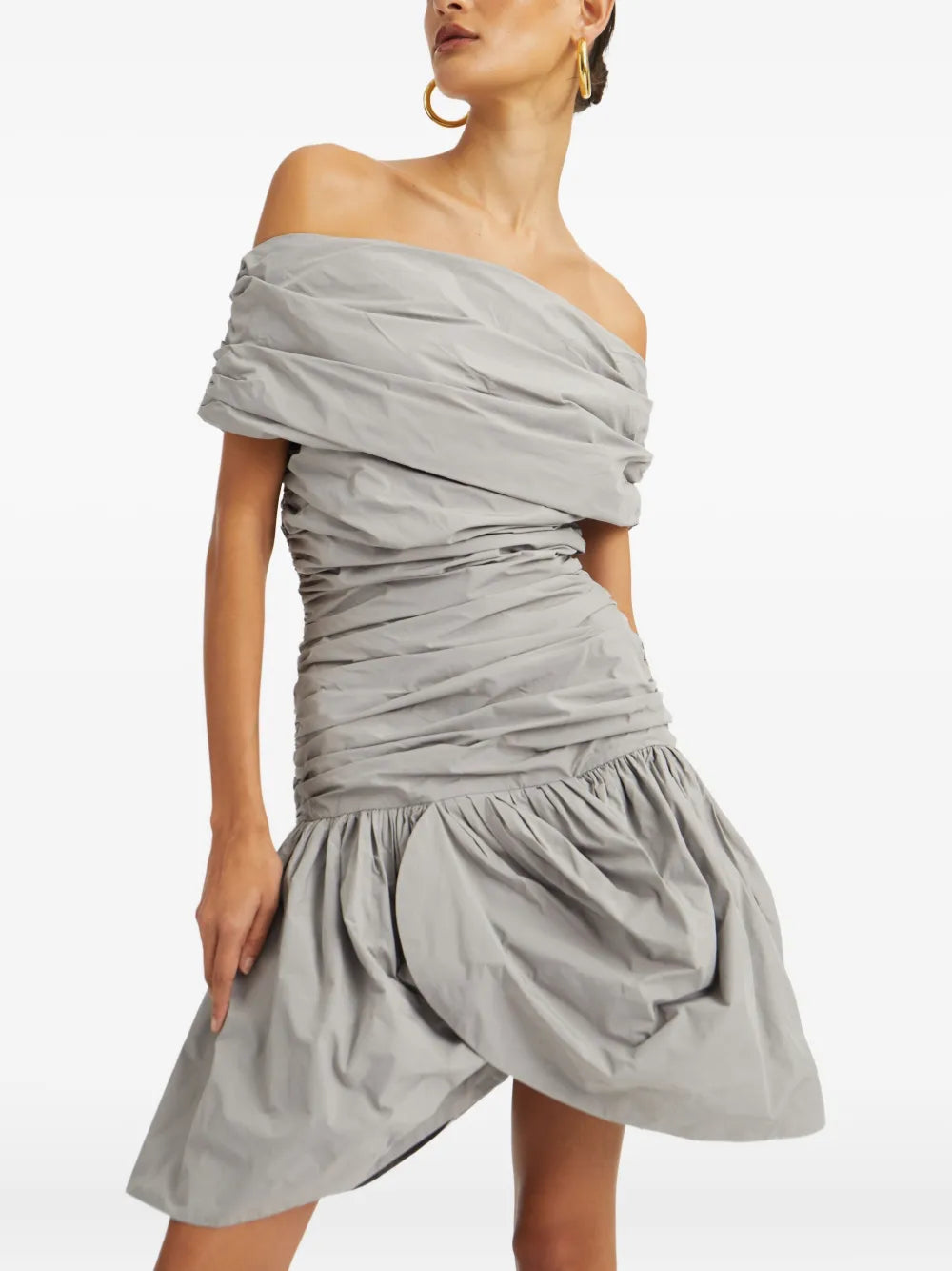 off-the-shoulder ruched mini dress