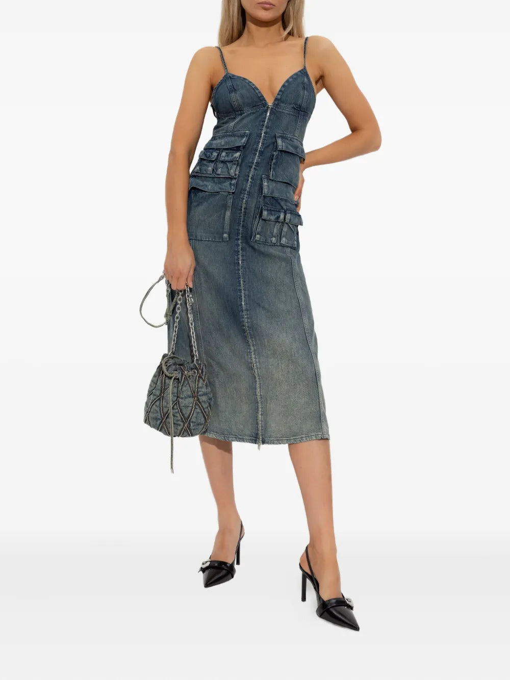 zip-up denim midi dress