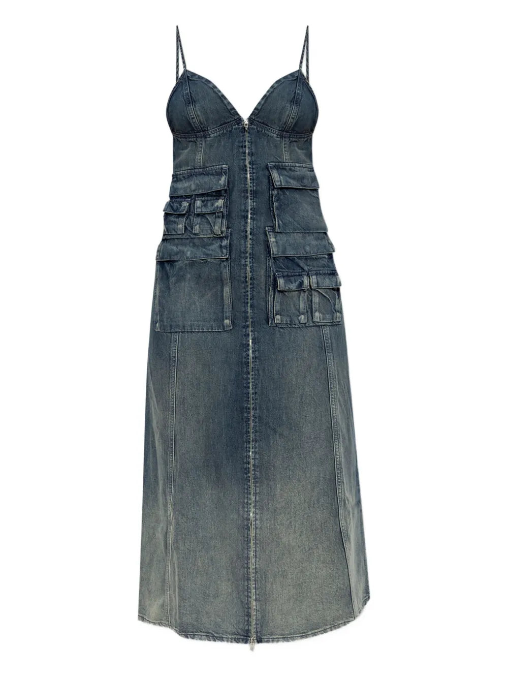 zip-up denim midi dress
