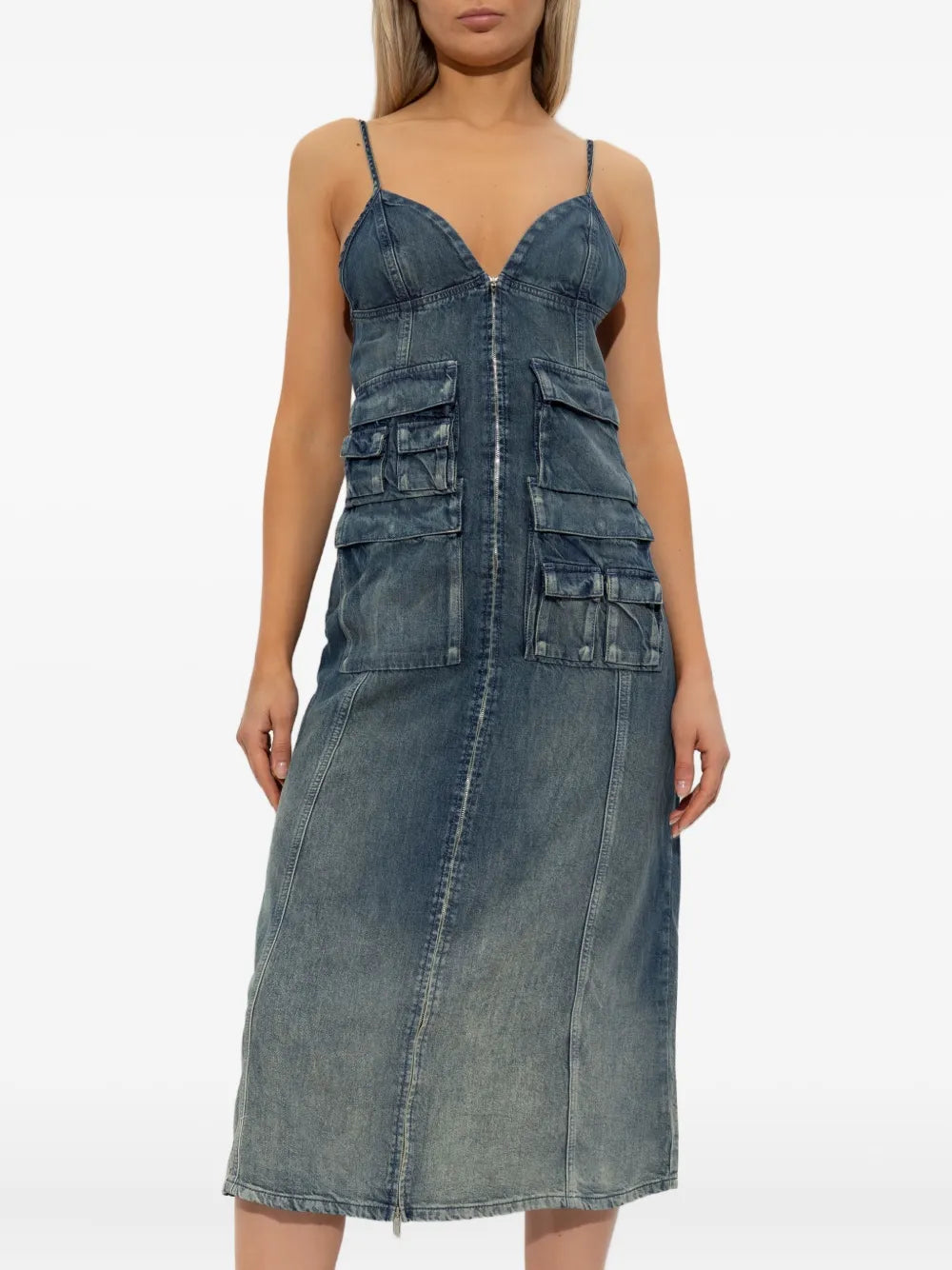 zip-up denim midi dress